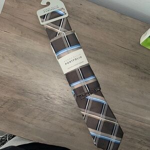 Perry Ellis Brown and Blue Striped Tie & Pocket Square